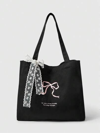 Kawaii Bow Embroidery Canvas Tote Bag + White Lace Bow Decor Ladies Shoulder Bag, Tote Bags For Women, College Essentials