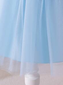 SHEIN Glamorique Kids 女童公主裙，蓝色针织连衣裙，金色丝带，派对礼服，闪光印花，生日派对，婚礼，节日，四季皆宜，日常穿着连衣裙 - 藍色 - 查看 4