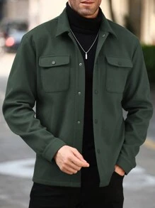 Manfinity Homme Men's Solid Color Long Sleeve Single-Breasted Casual Jacket With Pockets, Autumn/Winter Men Solid Color Jacket Green Men Jacket Dark Green Jacket - Olive Green - View 3