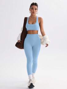 Slayform Women Solid Color Criss-Cross Back Cropped Cami & Leggings Sports Set Workout Women Set Women Leggings Set - Baby Blue - View 3