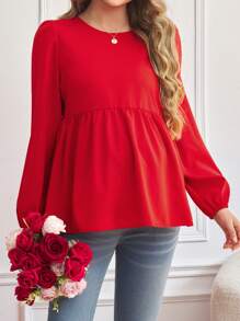 SHEIN Maternity Plaid Backless Tie Bow Blouse, Festive Red Elegant High-End Woven Long Sleeve Top, Autumn, For Women - Red - View 1