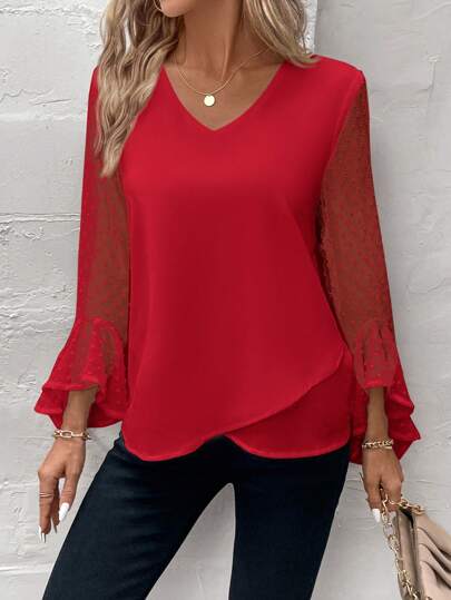 SHEIN Clasi Curve Plus Size Fashionable Party Valentine's Day Irregular Hem,Sleeves With Mesh Panelsred Waist Red Blouse,New Year,Valentine's Day,Slimming,Fall Clothes Plus Size,Going Out Tops Women,Going Out Tops,Office Outfits For Women,Classy Outfits For Women,Women's Fall Clothes,Office,Tops For Going Out,Costumes,Christmas Clothes Women,Old Money Style Women,Suitable For Multiple Occasions Autumn