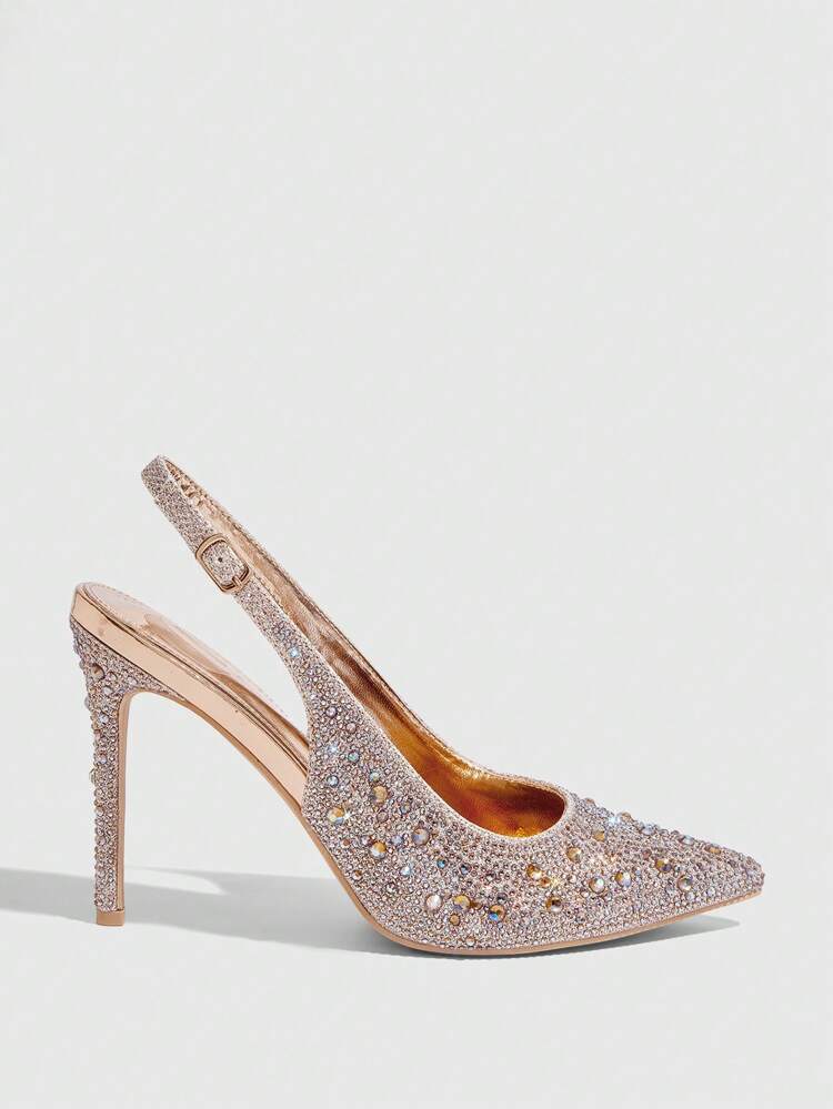 CUCCOO SZL Champagne Color Rhinestones Pointed Toe Stiletto High Heel Slingback Dress Shoes For Women, Suitable For Dating, Party, Festival, Vacation, Wedding Valentine's Day Spring Shoes Prom Heels For Christmas Spring Shoes