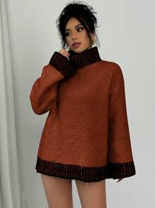 Chiquease Elegant Contrast Color Long Sleeve Women Knitted Pullover Sweater, Autumn/Winter Fall