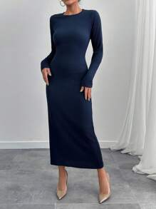 RueChic Casual Style, Textured Crew Neck Long Bodycon Dress - Navy Blue - View 5