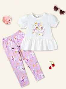 2pcs/Set Young Girl Casual Fairy Tale Fairy Pattern Puffy Sleeve Ruffle Edge Short T-Shirt And Fairy Print Long Pants Set - White - View 3
