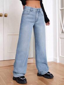 SHEIN EZwear 女式宽松版型保暖内衬直筒牛仔裤，带口袋 - 藍色 - 查看 5
