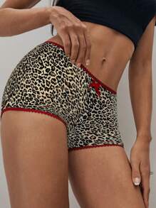 Aloruh Women Leopard Print Lace Trim Decorated Low Waist Shorts