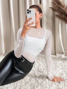 SHEIN Clasi Elegante camicetta luccicante in rete con strass per festa - Bianco - Visualizzare 6