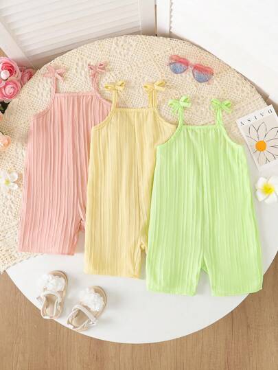 SHEIN Vintaside Kids 3pcs/Set Baby Girls Solid Color Casual Minimalist Style Wave Fabric Bow Spaghetti Strap Elastic Waist Romper, Suitable For Outings & Home, Spring/Summer