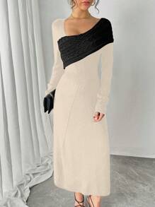 Chiquease Women Elegant Color Blocking Asymmetrical Collar Sweater Dress, Autumn/Winter Fall Cloth For Women - Apricot - View 4