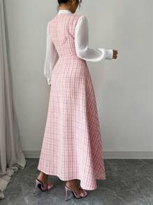 女式格子拼接立领长袖纽扣设计优雅连衣裙长款晚礼服 - 粉色 - 查看 2