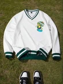 In My Nature 男士卡通印花 V 领长袖宽松休闲户外连帽衫 - 白色 - 查看 1