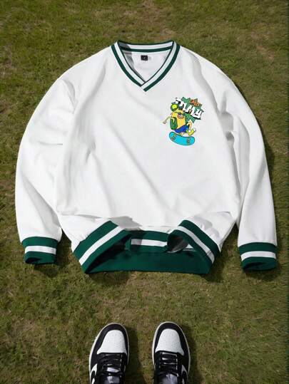 In My Nature 男士卡通印花 V 领长袖宽松休闲户外连帽衫