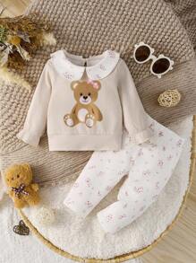 SHEIN BABY Girl Cute Bear Print Sweatshirt With Peter Pan Collar And Floral Pants 2-Piece Infant Toddler Fall Winter Outfits Set - Apricot - View 4