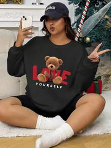 INAWLY Plus Bear & Letter Graphic Drop Shoulder Sweatshirt, For Winter Graduation,Back To School,Graduation,Teacher For Women,Back To School Pullover Fall Autumn - Black - View 1