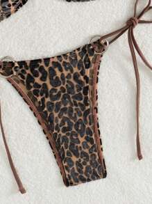 Swim SXY Women's Leopard Print Side Shoulder Hollow Out Lace Up Bikini Set Summer - Multicolor - View 6