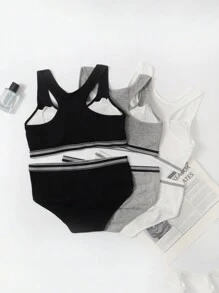 6pcs/Set Teen Girls' Letter Print Striped Elastic Bra And Panties Set - Multicolor - View 2