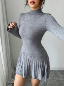 SHEIN Unity 女士纯色高领优雅褶皱 A 字形喇叭袖针织连衣裙 - 灰色 - 查看 5