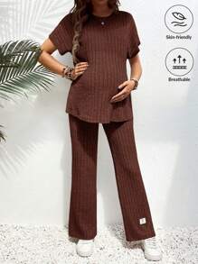 SHEIN 2pcs Maternity Solid Color Crew Neck Short Sleeve Ribbed T-Shirt And Pants Casual Set - Coffee Brown - View 1