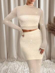 SHEIN Clasi Bộ 2 chiếc thời trang lưới đính đá Rhinestone màu đen dành cho nữ, đa năng khi đi chơi, mùa thu/đông - Màu be - Xem 11