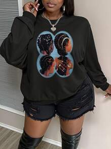 SHEIN Slayr Áo nỉ nữ cỡ lớn thu đông, áo rộng màu đen, kiểu họa tiết, chân dung nhìn từ phía sau - màu đen - Xem 1