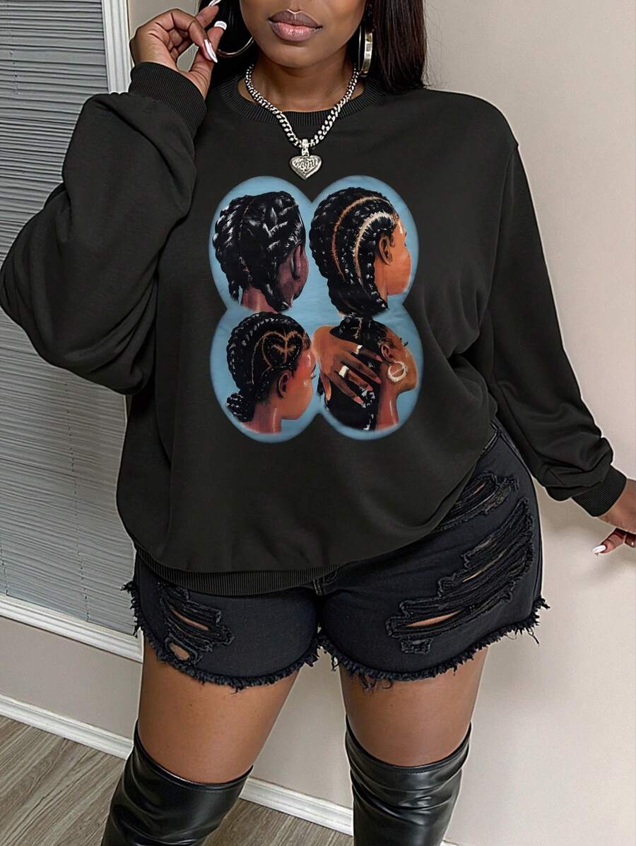 SHEIN Slayr Áo nỉ nữ cỡ lớn thu đông, áo rộng màu đen, kiểu họa tiết, chân dung nhìn từ phía sau - màu đen - Xem 1