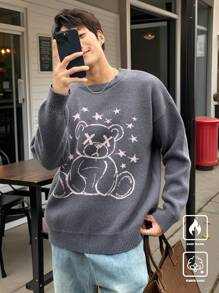 Claim Dot Men's Casual Star & Cartoon Bear Print Long Sleeve Sweater, Autumn/Winter