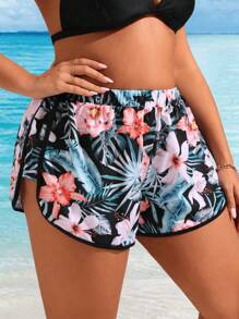 Swim Lushoire Pantalones cortos informales de playa con estampado de plantas tropicales para mujeres de talla grande para vacaciones - Multicolor - Ver 4