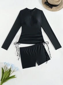 Swim SPRTY 2 件套女士拉链侧抽绳分体式泳衣和短裤，休闲运动沙滩装