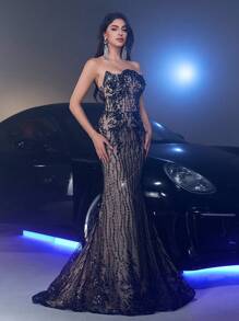 Glamrae 优雅露肩领口奢华手工美人鱼尾下摆晚礼服、婚礼宾客礼服、派对礼服、正式礼服 - 黑色 - 查看 7