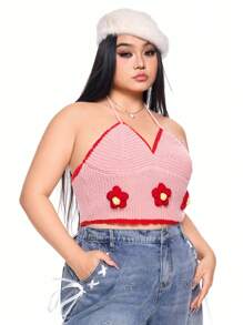 ROMWE Kawaii Plus Size Cute 3D Flower Backless Halter Neck Sweater Vest - Pink - View 4