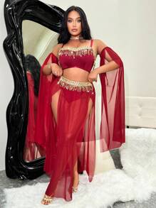Fantasy Costume Fantasy Costume 4pcs Plus Size Mesh Tassel Lingerie Set - Burgundy - View 3