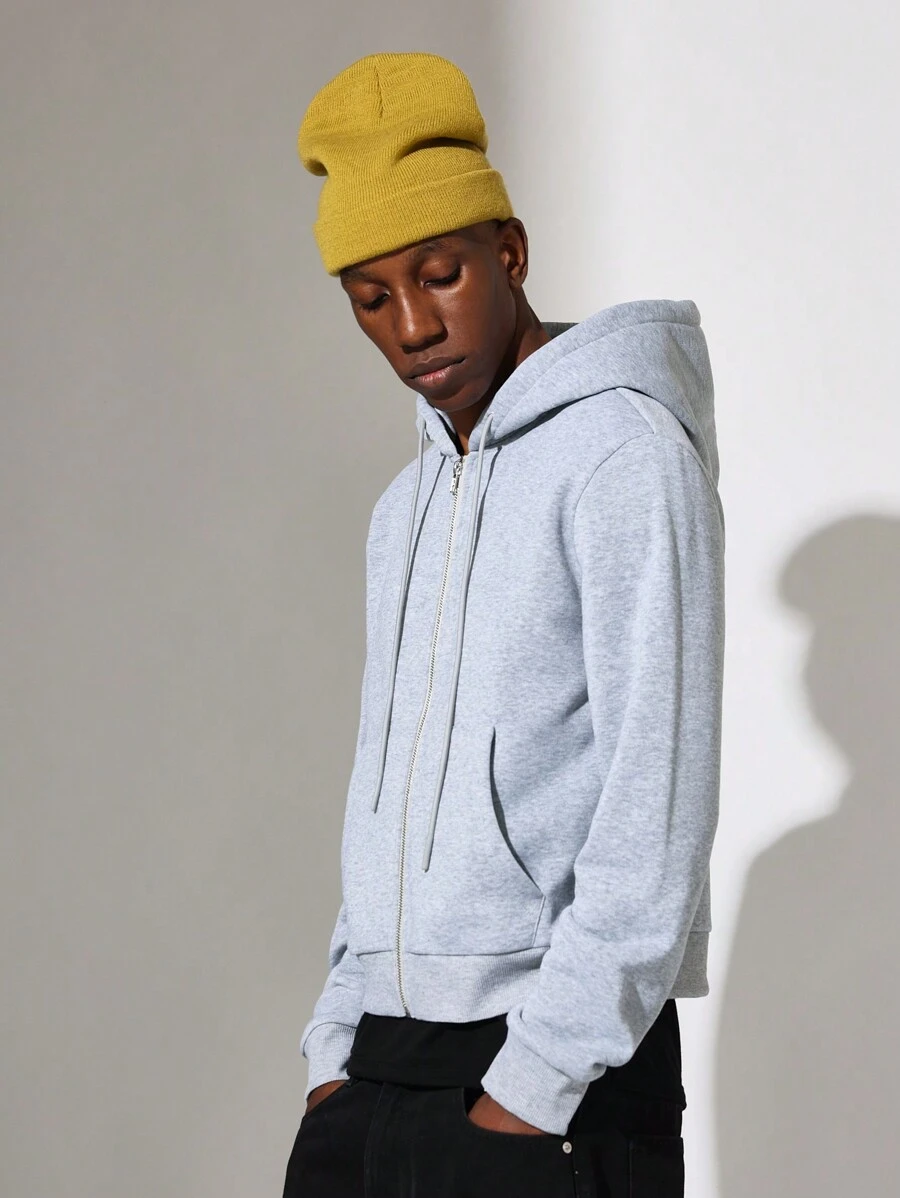 SUMWON Essential Shrunken Fit Zip Up Hoodie Casual Athletic Wear Everyday Basic Winter Fall Layering Piece Kangaroo Pocket Drawstring Hood Streetwear - Grey - View 1