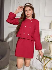 Conjunto de 2 piezas de niña preadolescente: top de manga larga de unicolor y mini falda, conjunto casual minimalista para uso diario