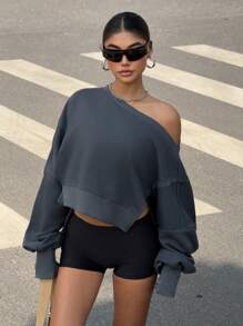 SHEIN EZwear Sudadera de mujer de unicolor con cuello asimétrico