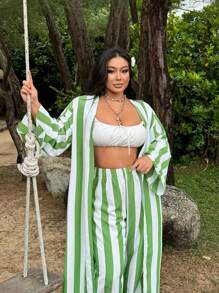 SHEIN SXY Plus Size Women's Early Spring Loose Green Striped Long Coat And Trousers Two-Piece Set,Suitable For Daily Wear, Vacation, Seaside, Beach Party, Date Night, Birthday, Bachelorette Party Outfit Party, Dance, Couple Date, Elegant, Casual, Shopping, Street Wear, Outdoor, Flirty, Easy To Match And Looks Slim, Highlight Your Figure, Highlight Your Body - Multicolor - View 3