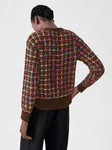 Chiquease 女士格子圆领长袖休闲宽松毛衣，适合秋冬季穿着，针织套头衫，秋季毛衣 - 咖啡棕 - 查看 2