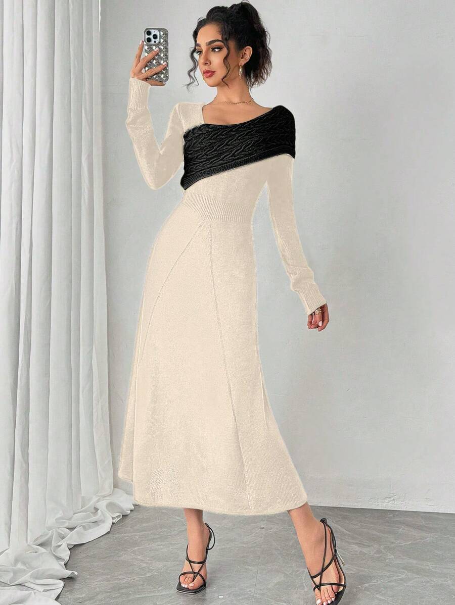 Chiquease Women Elegant Color Blocking Asymmetrical Collar Sweater Dress, Autumn/Winter Fall Cloth For Women - Apricot - View 1