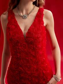 MOTF PREMIUM CONTRAST MESH FLORAL PATCHED SPLIT HEM DRESS,VALENTINE'S DAY OUTFIT,SPRING/SUMMER - Red - View 3