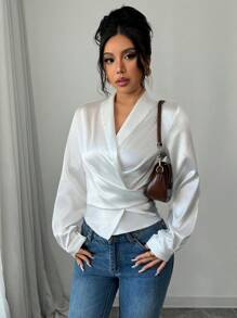 Elenzga 女士优雅纯色交叉腰长袖衬衫 - 白色 - 查看 6
