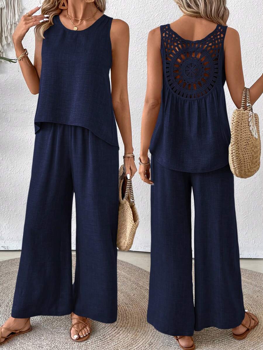 Breezaya 2pcs/Set Women Solid Color Sleeveless Crew Neck Top And Long Pants - Blue - View 1