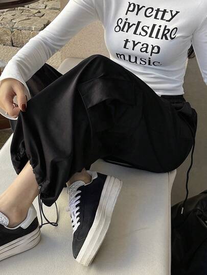 DAZY Solid Color Loose Pocket Wide Leg Pants With Elastic Waist And Drawstring For Women