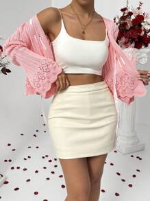 Chiquease Pink Lace-Up Hollow Hem Loose Cardigan, Spring - Pink - View 3