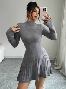 SHEIN Unity 女士纯色高领优雅褶皱 A 字形喇叭袖针织连衣裙 - 灰色 - 查看 1