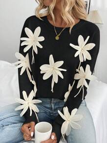 SHEIN Unity 女士3D手工花朵长袖套头毛衣，秋冬针织套头衫 - 黑色 - 查看 3