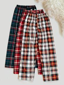 Set de 3 pantalones de pijama con cintura elástica y decoración de lazo con estampado a cuadros, ropa de otoño e invierno