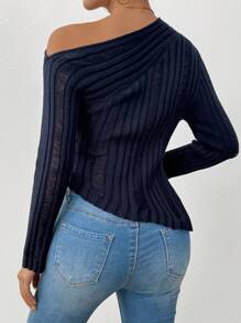 Chiquease 女士优雅性感不对称领长袖修身针织套头毛衣秋冬毛衣 - 藏蓝色 - 查看 2