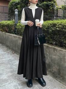 TrendSteals 女士无袖纯色连衣裙，秋冬季休闲装 - 黑色 - 查看 2