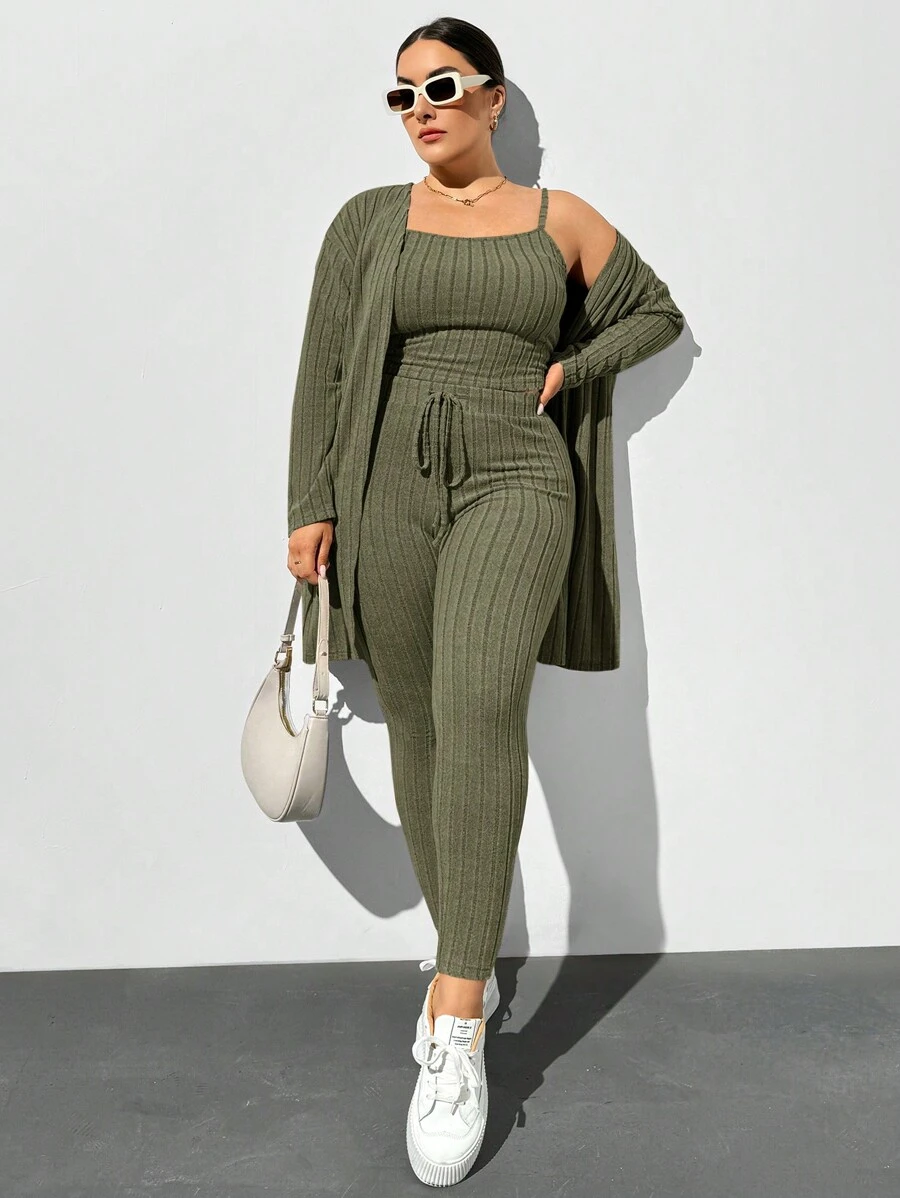 SHEIN Essnce Plus Size Women's Autumn And Winter Casual Comfortable Loose Green Brushed Fabric Suspenders And Trousers And Long Cardigan Jacket Three Pieces Set, Autumn Women's Clothing, Pants Sethomecoming, Airport Women's Clothing, Women's Set - Army Green - View 1